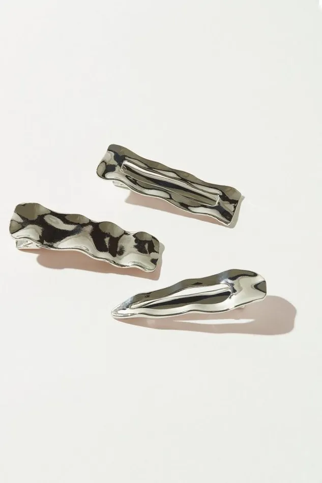 Lucky Brand High Shine Hammered Barrette Set Silver Women Hair Accessories