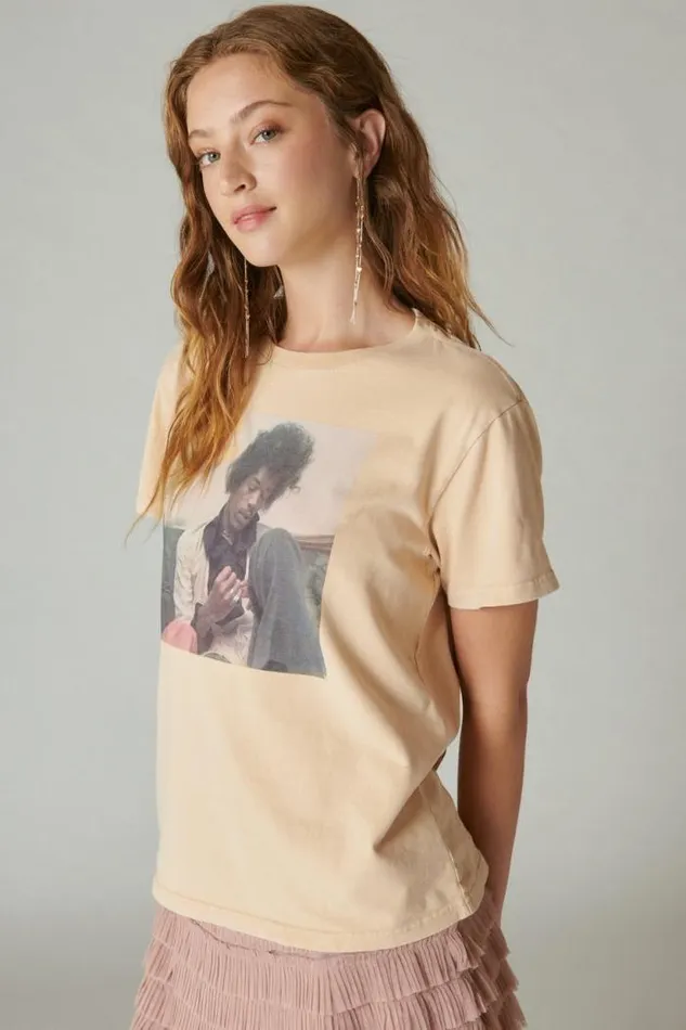 Lucky Brand Jimi Hendrix Photo Boyfriend Tee Toasted Almond Women Graphic Tees