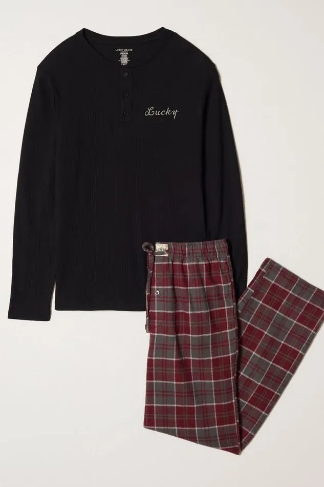 Lucky Brand Ls Thermal Henley and Flannel Pant Giftset Multi Men Underwear and Sleepwear