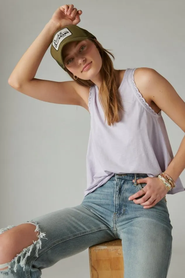 Lucky Brand Lace Trim Swing Tank Orchid Bloom Women All Tops