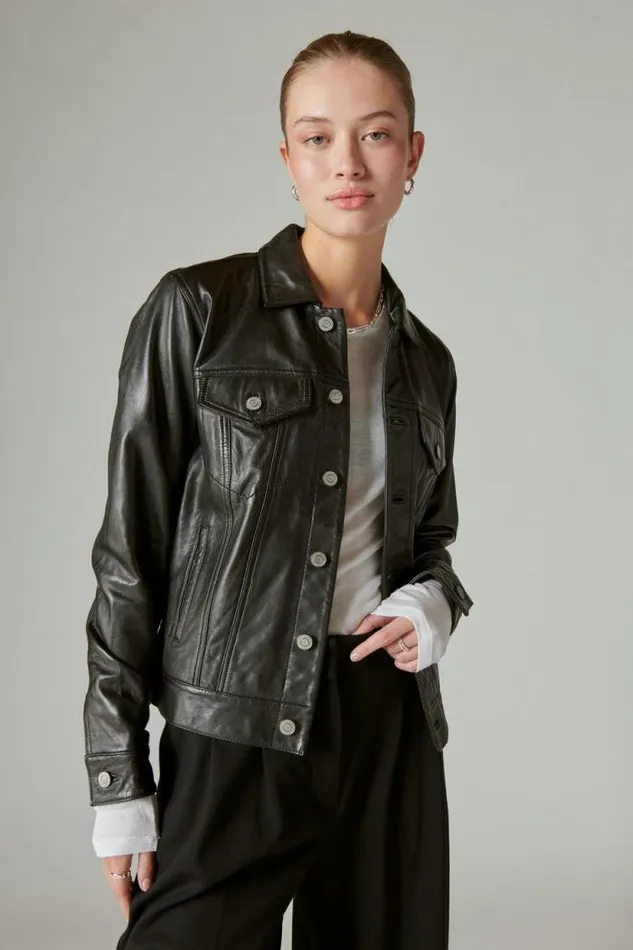 Lucky Brand Leather Trucker Jacket 001 Lucky Black Women Jackets and Outerwear