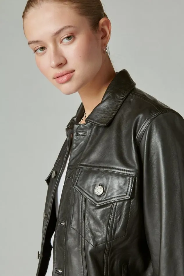 Lucky Brand Leather Trucker Jacket 001 Lucky Black Women Jackets and Outerwear