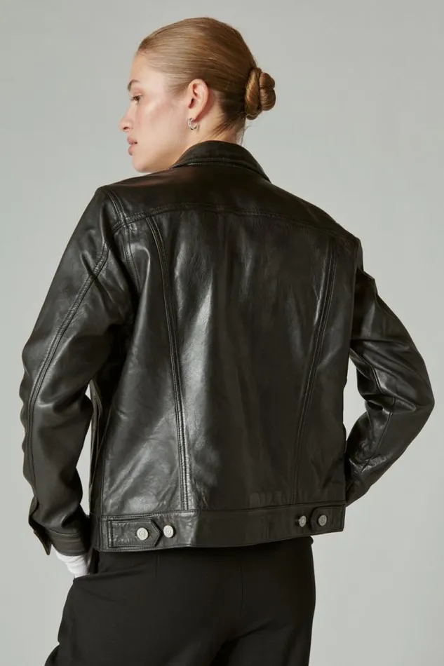 Lucky Brand Leather Trucker Jacket 001 Lucky Black Women Jackets and Outerwear