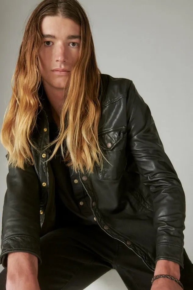 Lucky Brand Leather Western Shirt Black Men Jackets and Outerwear