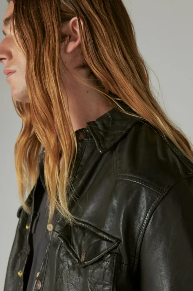 Lucky Brand Leather Western Shirt Black Men Jackets and Outerwear