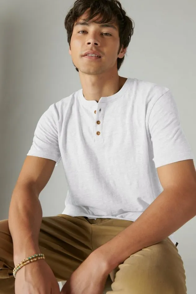 Lucky Brand Linen Short Sleeve Henley Bright White Men Shirts and Tops