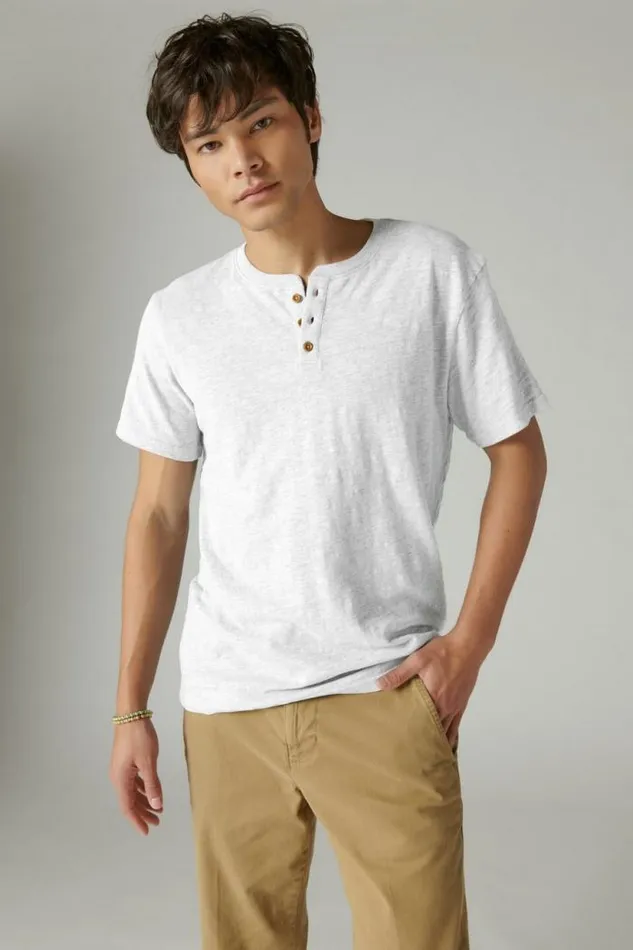 Lucky Brand Linen Short Sleeve Henley Bright White Men Shirts and Tops