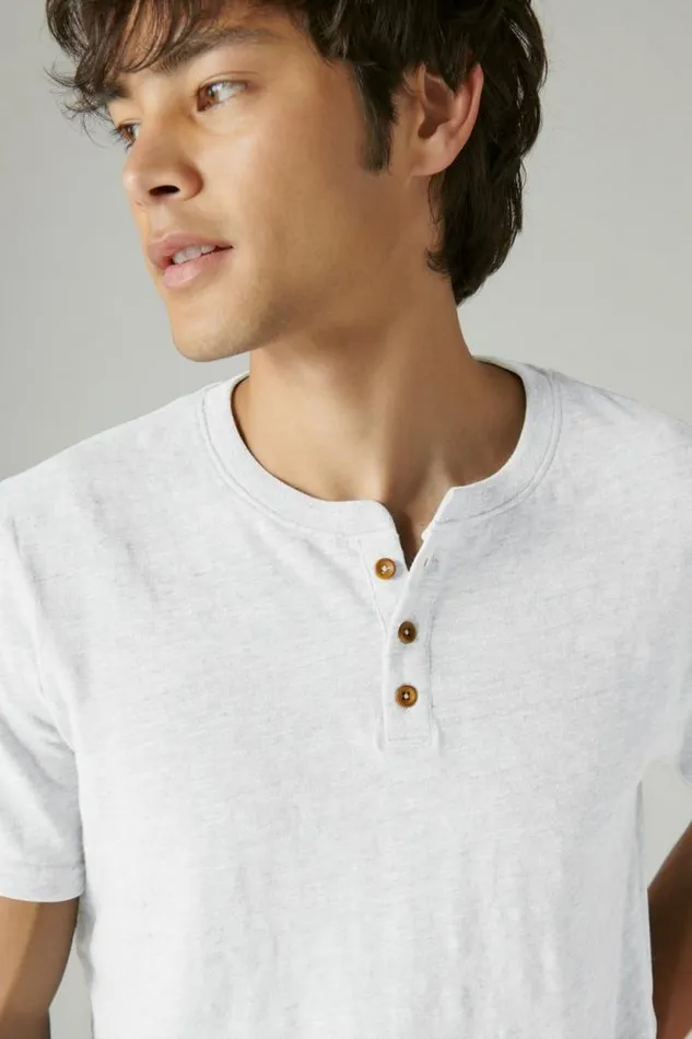 Lucky Brand Linen Short Sleeve Henley Bright White Men Shirts and Tops