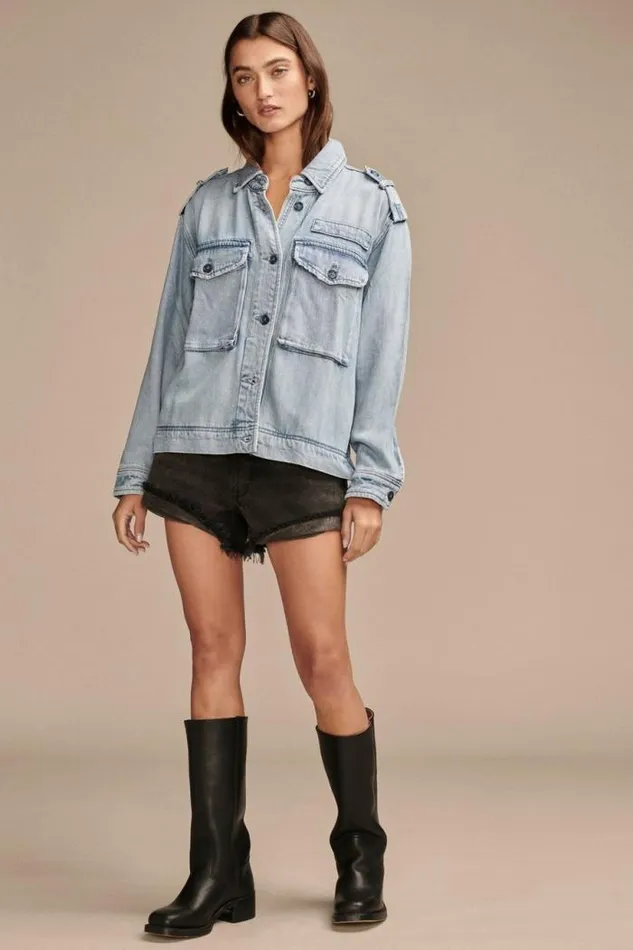 Lucky Brand Liquid Denim Luxe Utility Jacket Marine Women Jackets and Outerwear
