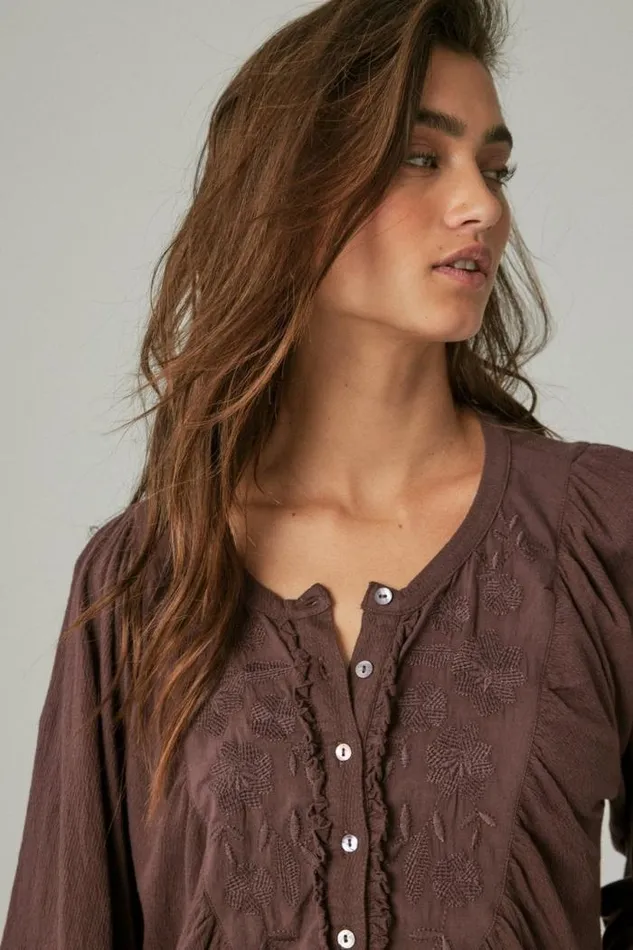 Lucky Brand Long Sleeve Embroidered Yoke Top Huckleberry Women Knit Tops