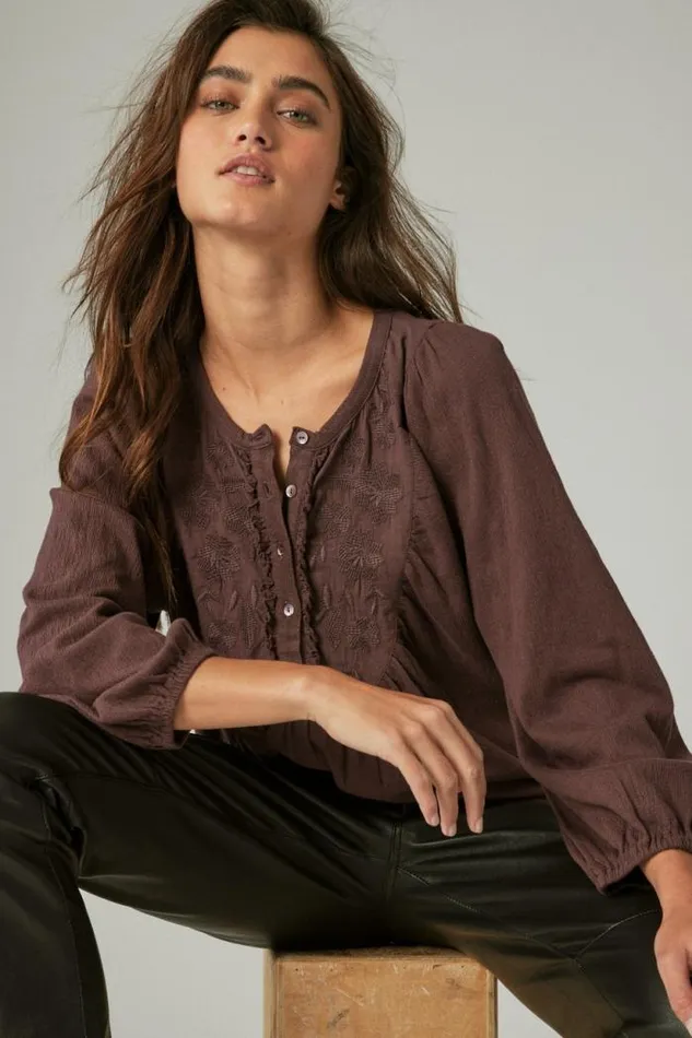Lucky Brand Long Sleeve Embroidered Yoke Top Huckleberry Women Knit Tops