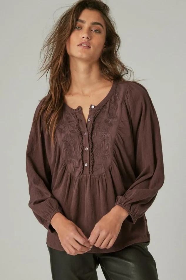 Lucky Brand Long Sleeve Embroidered Yoke Top Huckleberry Women Knit Tops