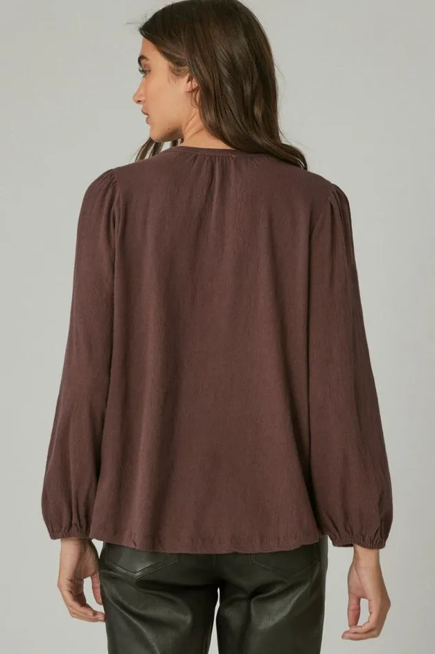 Lucky Brand Long Sleeve Embroidered Yoke Top Huckleberry Women Knit Tops
