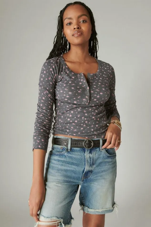 Lucky Brand Long Sleeve Ribbed Snap Henley Black Floral Print Women Knit Tops
