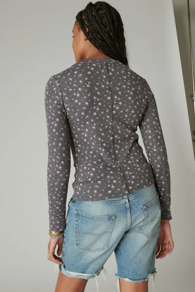 Lucky Brand Long Sleeve Ribbed Snap Henley Black Floral Print Women Knit Tops