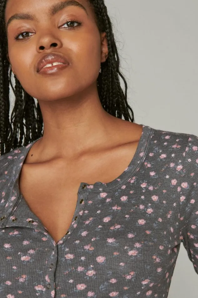 Lucky Brand Long Sleeve Ribbed Snap Henley Black Floral Print Women Knit Tops