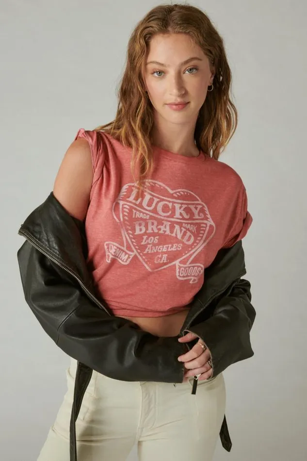 Lucky Brand Lucky Heart Boyfriend Tee Baked Apple Women Graphic Tees