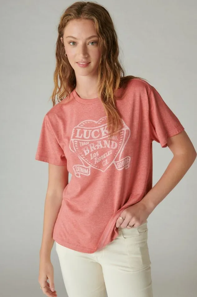 Lucky Brand Lucky Heart Boyfriend Tee Baked Apple Women Graphic Tees