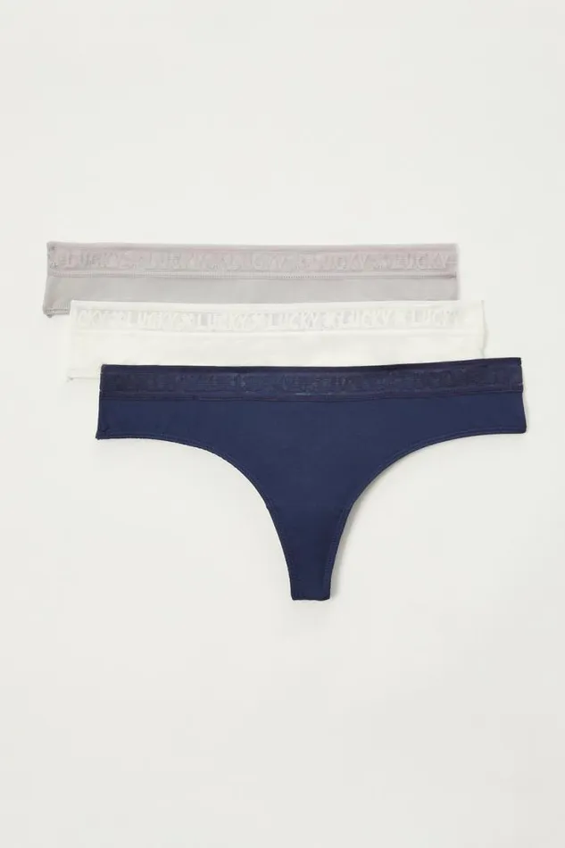 Lucky Brand Lucky Logo Thong 3 Pk Dark Blue Women Intimates and Sleepwear