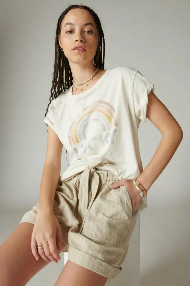 Lucky Brand Lucky Rainbow Boyfriend Tee Whisper White Women Graphic Tees