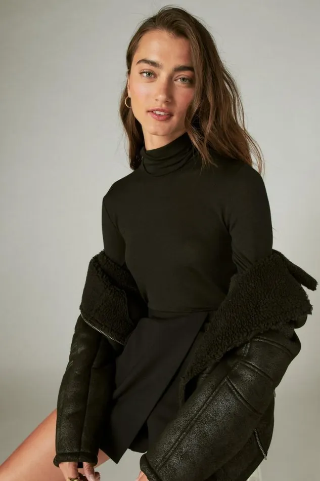 Lucky Brand Mock Neck Layering Top Jet Black Women All Tops