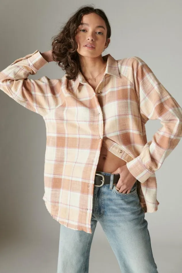 Lucky Brand Oversized Distressed Plaid Flannel Tunic Cafe Au Lait Plaid Women All Tops