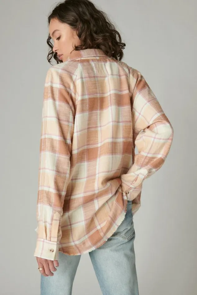 Lucky Brand Oversized Distressed Plaid Flannel Tunic Cafe Au Lait Plaid Women All Tops