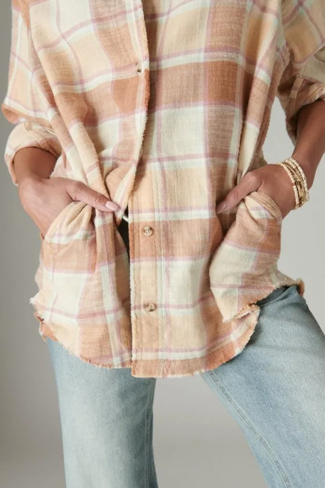 Lucky Brand Oversized Distressed Plaid Flannel Tunic Cafe Au Lait Plaid Women All Tops