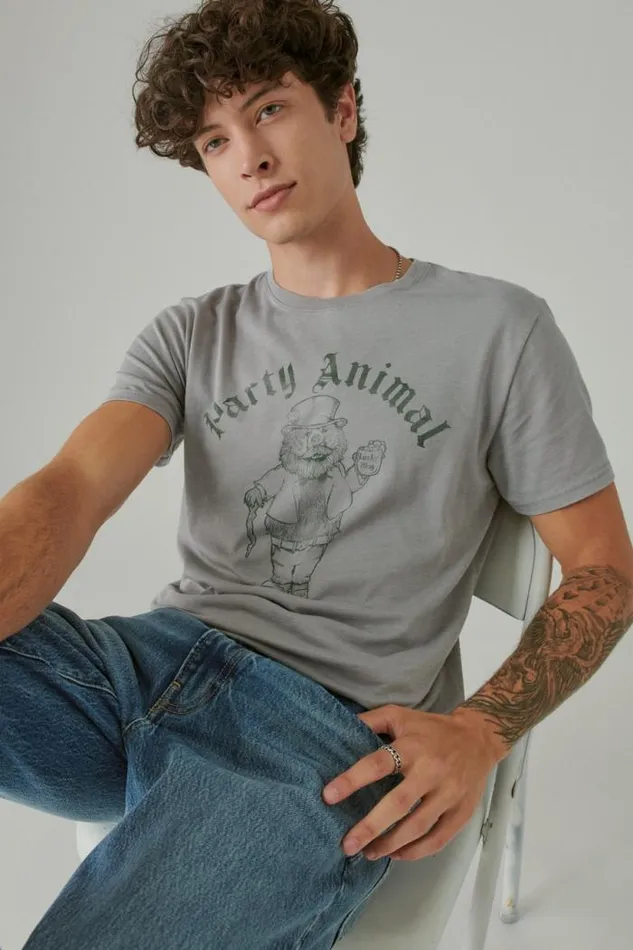 Lucky Brand Party Bear Neutral Grey Men Graphic Tees