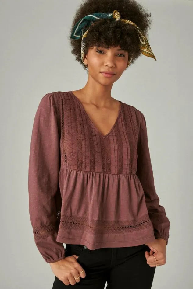 Lucky Brand Pintuck Lace Long Sleeve Top Huckleberry Women Knit Tops