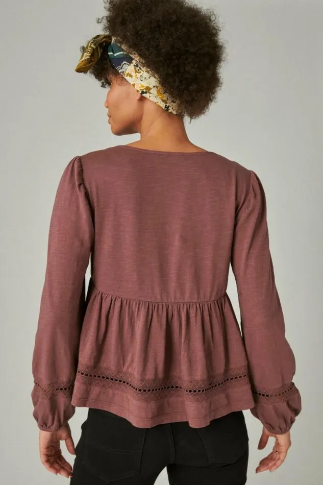 Lucky Brand Pintuck Lace Long Sleeve Top Huckleberry Women Knit Tops