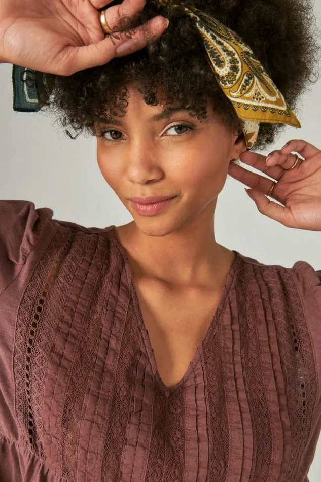 Lucky Brand Pintuck Lace Long Sleeve Top Huckleberry Women Knit Tops