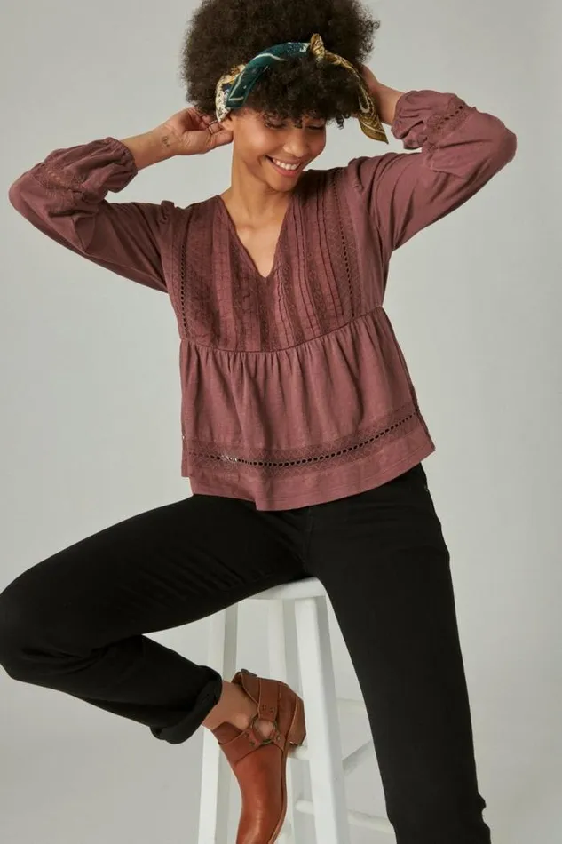 Lucky Brand Pintuck Lace Long Sleeve Top Huckleberry Women Knit Tops