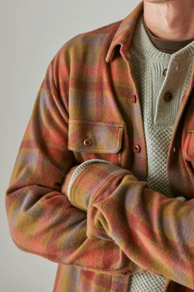 Lucky Brand Plaid Brushed Knit Long Sleeve Shirt Beige Multi Men ButtonDowns