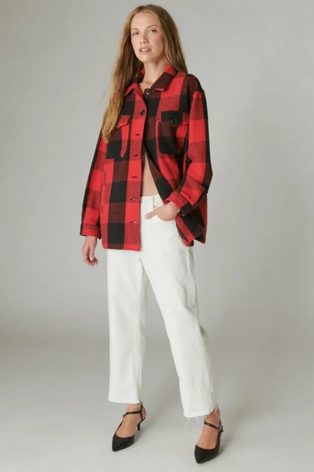 Lucky Brand Plaid Oversized Shirt Jacket Red Multi Women Jackets and Outerwear