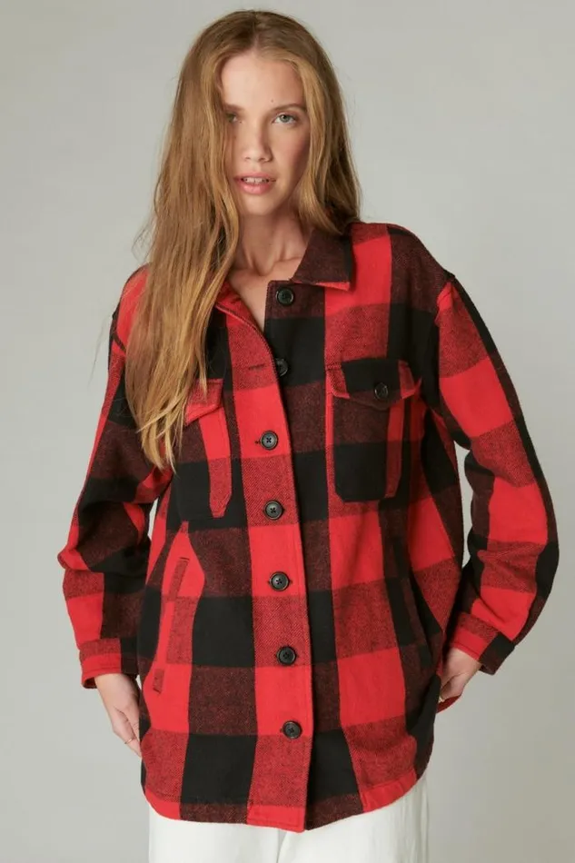 Lucky Brand Plaid Oversized Shirt Jacket Red Multi Women Jackets and Outerwear