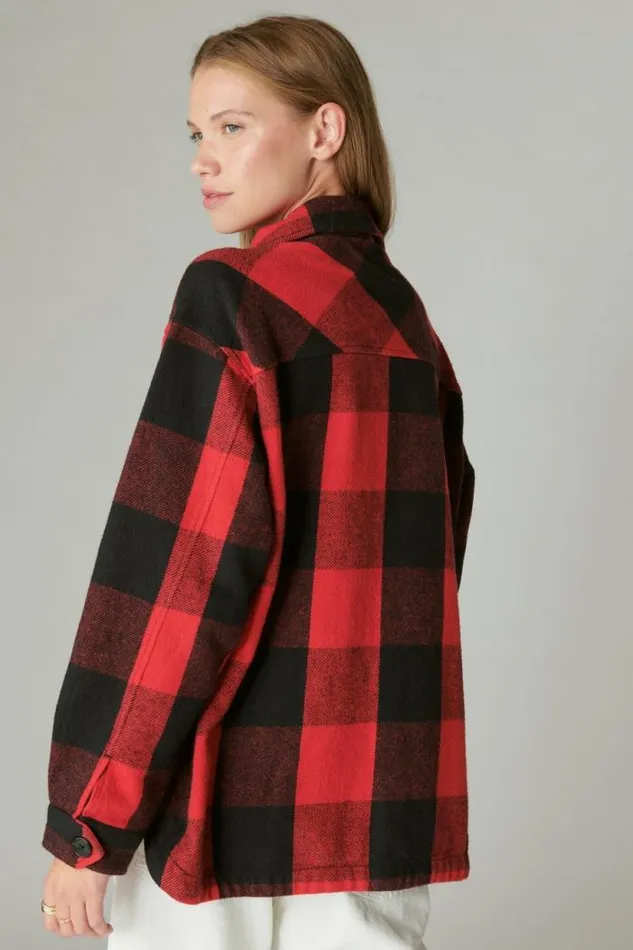 Lucky Brand Plaid Oversized Shirt Jacket Red Multi Women Jackets and Outerwear