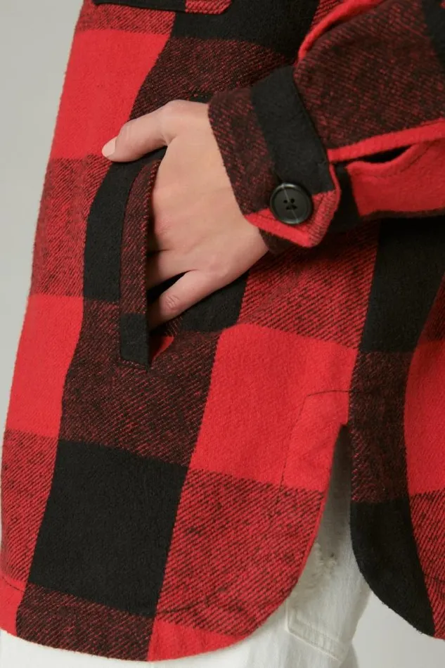 Lucky Brand Plaid Oversized Shirt Jacket Red Multi Women Jackets and Outerwear