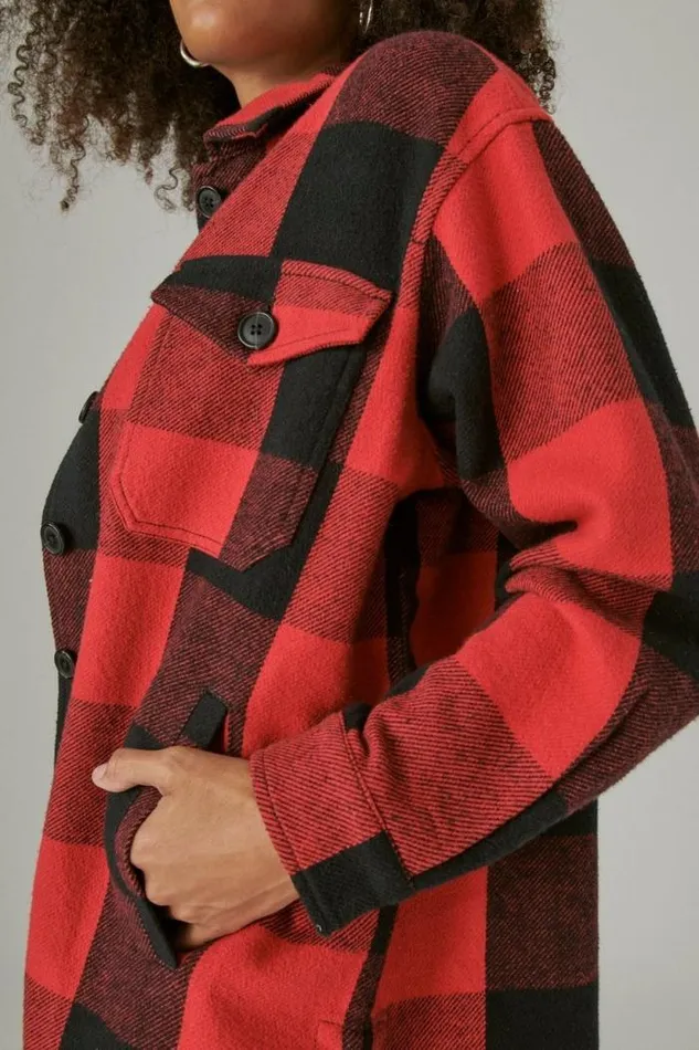 Lucky Brand Plaid Oversized Shirt Jacket Red Multi Women Jackets and Outerwear