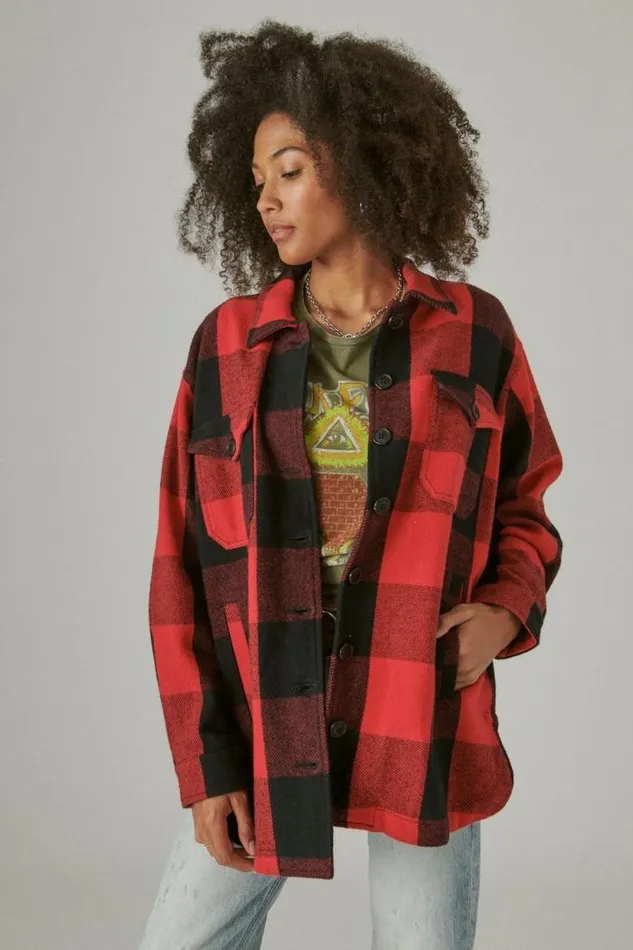 Lucky Brand Plaid Oversized Shirt Jacket Red Multi Women Jackets and Outerwear