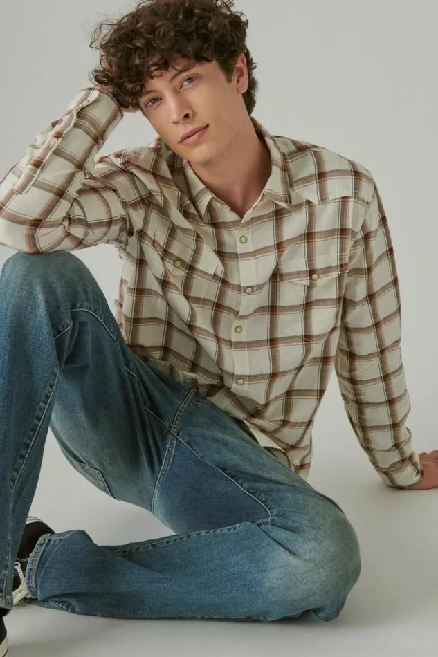 Lucky Brand Plaid Western Long Sleeve Shirt Natural Multi Plaid Men ButtonDowns