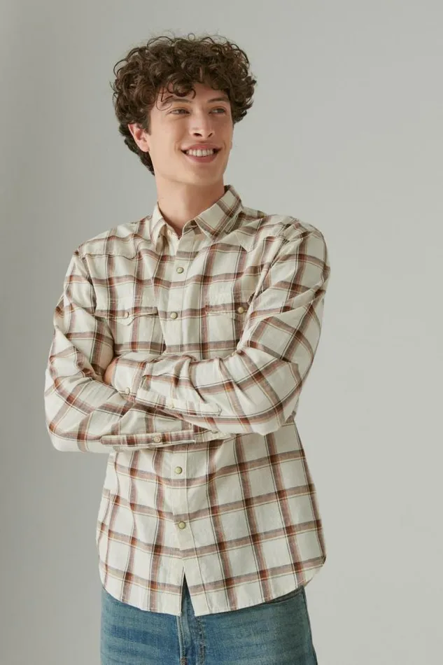 Lucky Brand Plaid Western Long Sleeve Shirt Natural Multi Plaid Men ButtonDowns