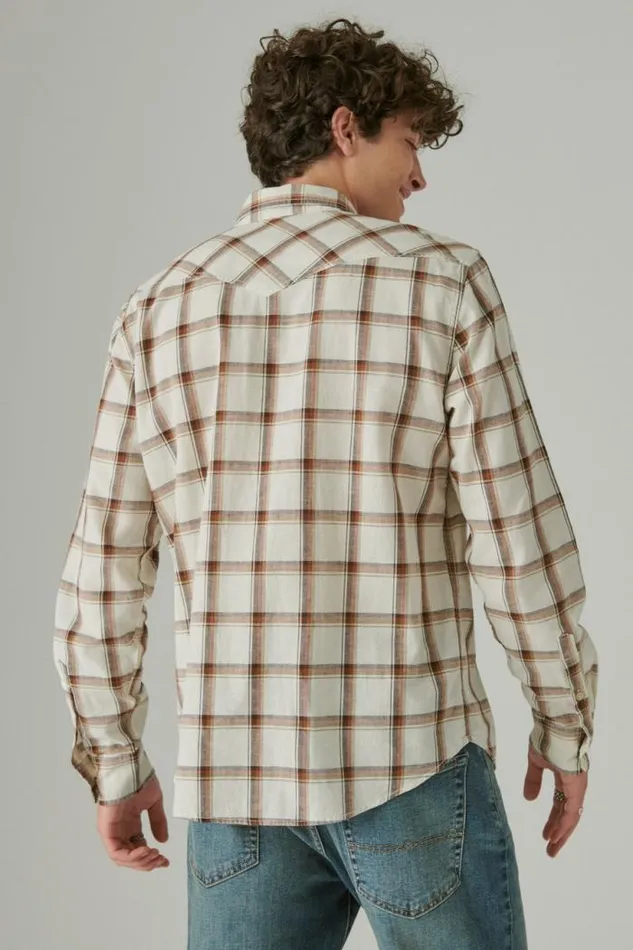 Lucky Brand Plaid Western Long Sleeve Shirt Natural Multi Plaid Men ButtonDowns