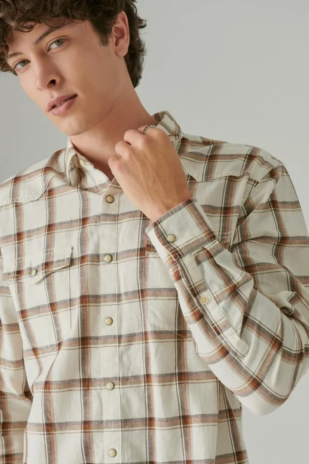Lucky Brand Plaid Western Long Sleeve Shirt Natural Multi Plaid Men ButtonDowns