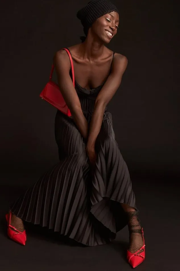 Lucky Brand Pleated Midi Dress Black Women Dresses