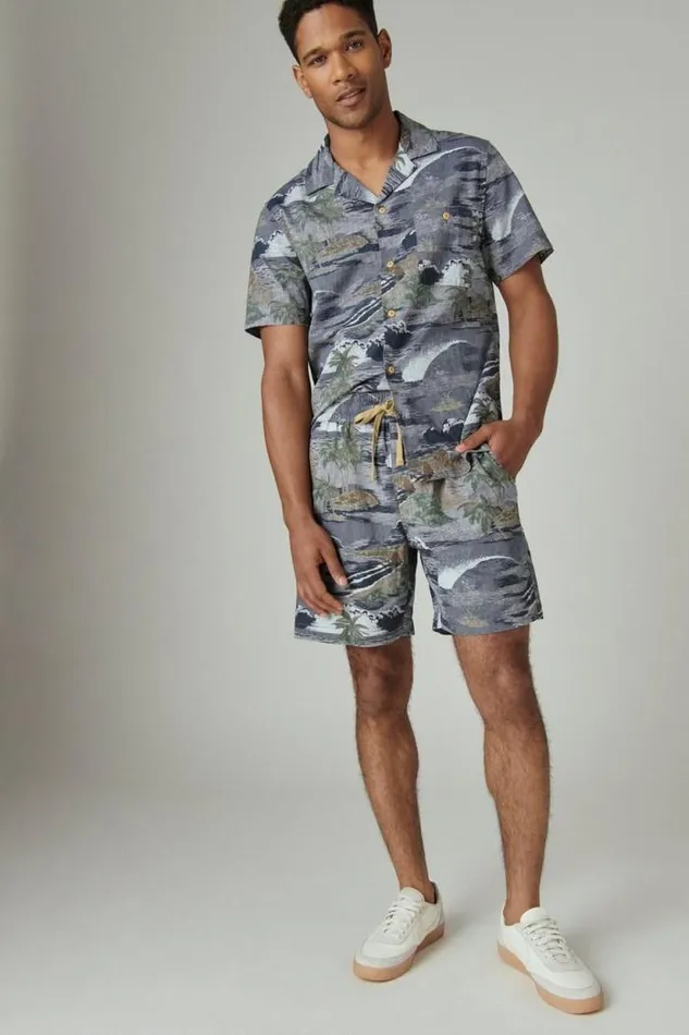 Lucky Brand Printed Linen 7034 Pull Up Short Chambray Print Men Shorts