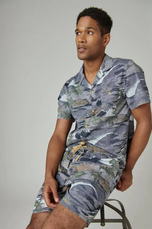 Lucky Brand Printed Linen 7034 Pull Up Short Chambray Print Men Shorts