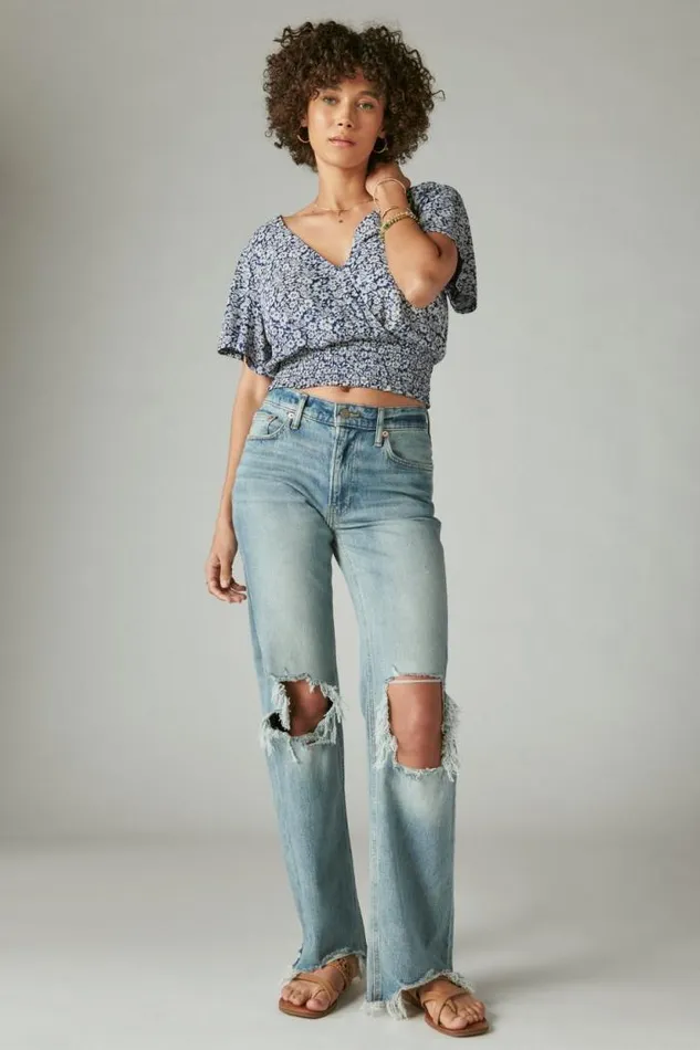 Lucky Brand Printed Surplice Top Blue Multi Women Knit Tops