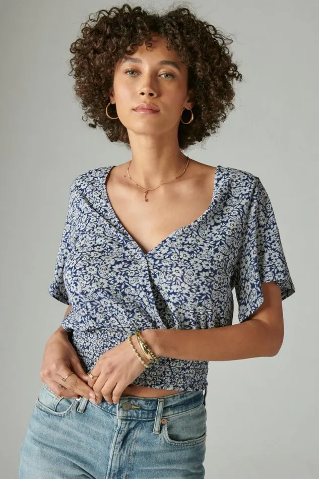 Lucky Brand Printed Surplice Top Blue Multi Women Knit Tops
