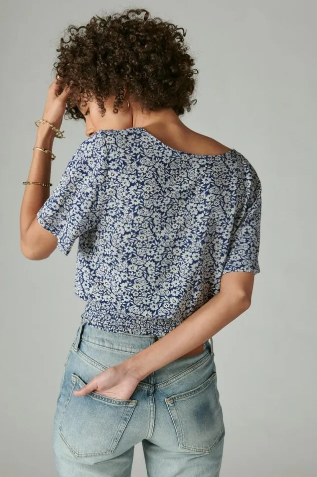 Lucky Brand Printed Surplice Top Blue Multi Women Knit Tops
